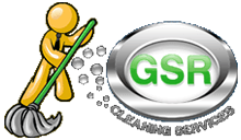 GSR Cleaning Services logo featuring a cleaning figure with a mop and bubbles, highlighting professional cleaning solutions.
