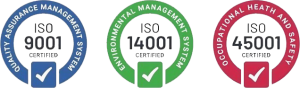 ISO certification logos for Quality Assurance Management System (ISO 9001), Environmental Management System (ISO 14001), and Occupational Health and Safety (ISO 45001).