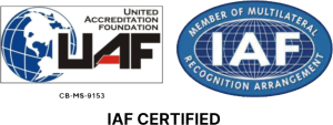 IAF Certified logo alongside United Accreditation Foundation emblem, representing certification in quality management standards.