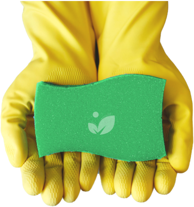 Green cleaning sponge held in yellow rubber gloves, symbolizing eco-friendly cleaning services offered by GSR Cleaning.