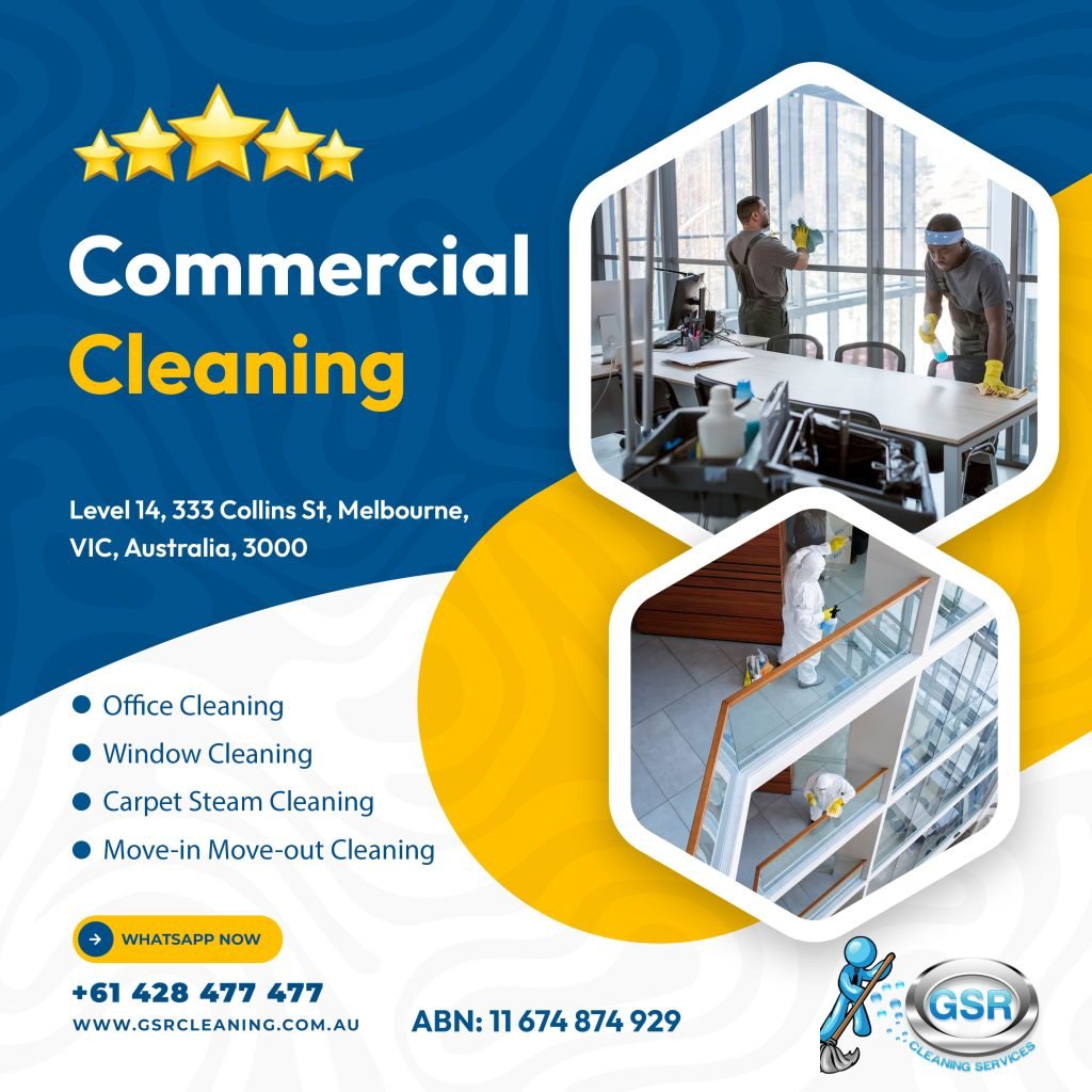 Commercial cleaning service in Melbourne, featuring workers cleaning an office space, with visible services like office cleaning and window cleaning highlighted.