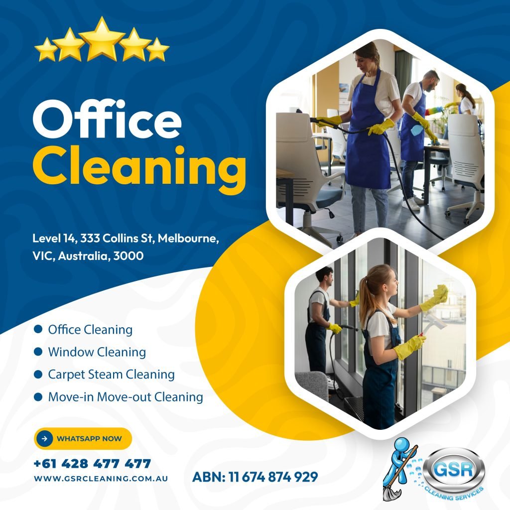 Office cleaning services in Melbourne, featuring staff cleaning desks and windows, with service details including window cleaning, carpet steam cleaning, and move-in/move-out cleaning.
