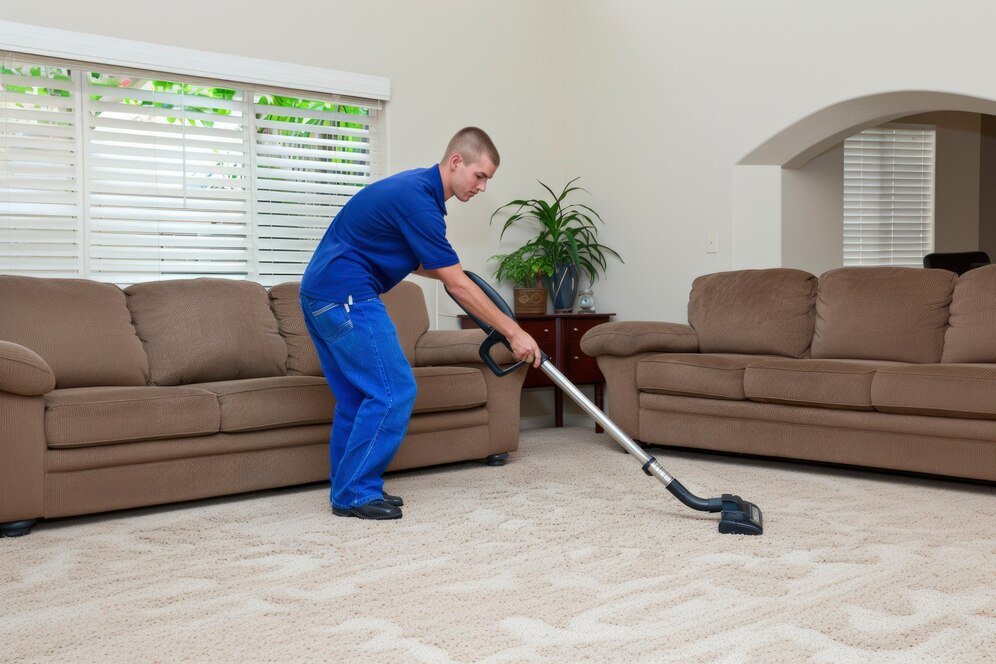 Professional cleaner vacuuming carpet in office setting, showcasing GSR Cleaning's commercial cleaning services in Clayton.