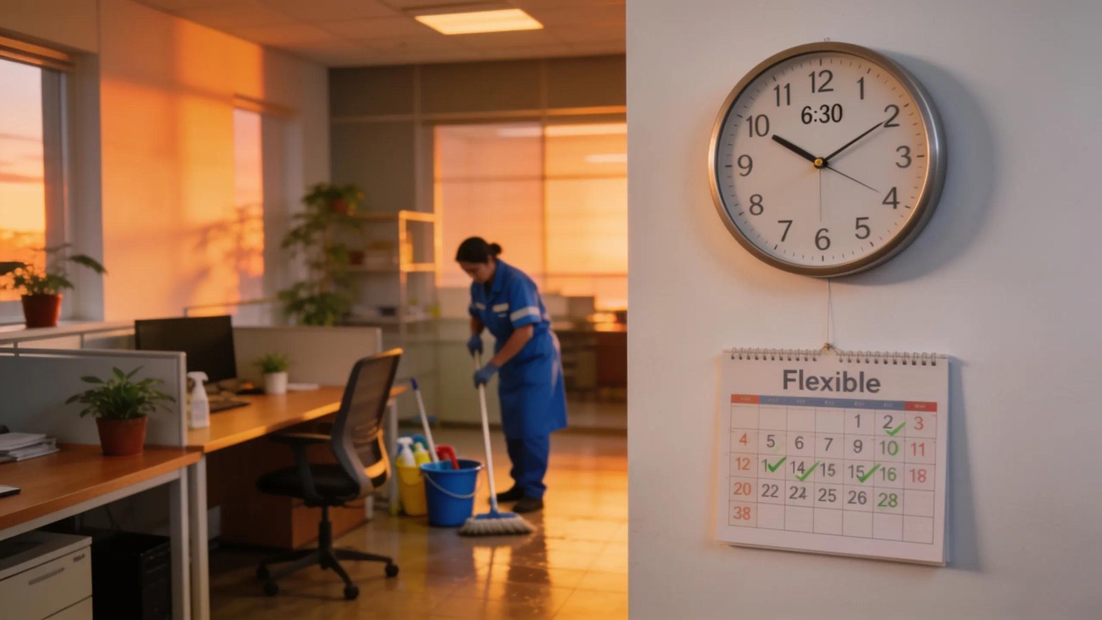 Visual representation of flexible cleaning scheduling options with a clock and office backdrop