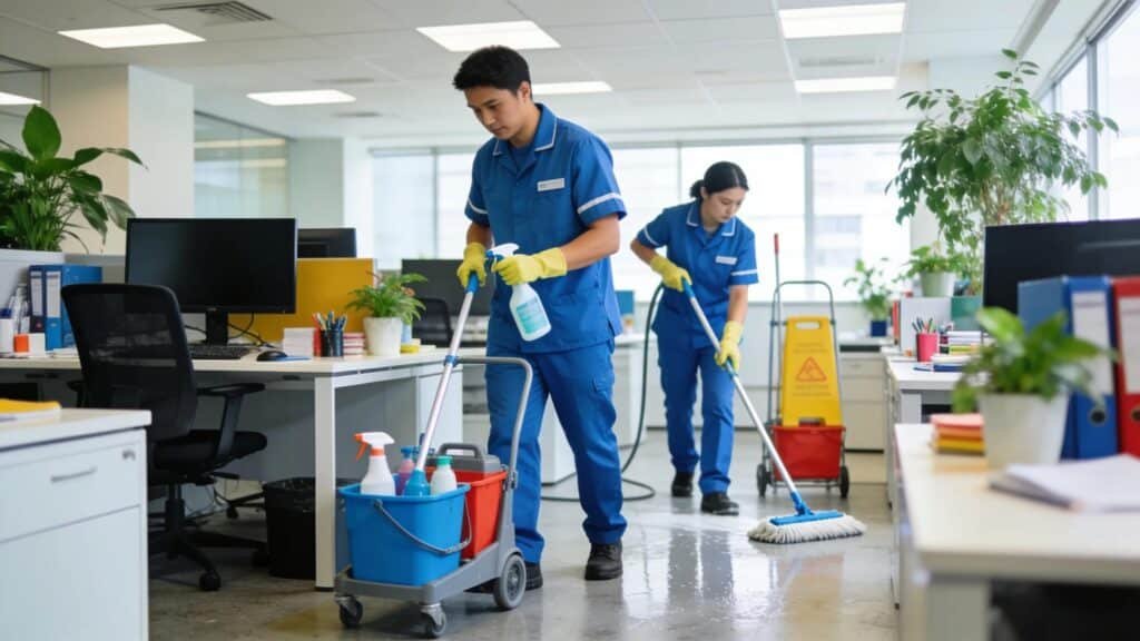Professional cleaners in a Melbourne office using hospital-grade sanitation tools for comprehensive commercial cleaning