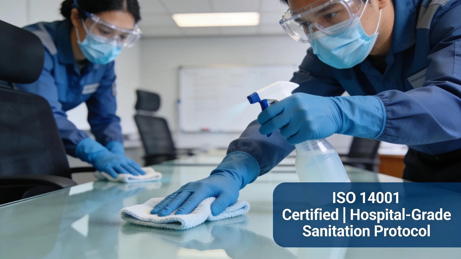 Cleaning professionals following ISO compliance protocols in a Melbourne office ensuring health and safety standards